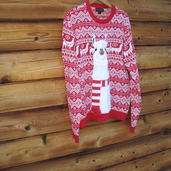 NWOT Red White Cotton Llama Ugly Christmas Sweater - Picture 2 of 7